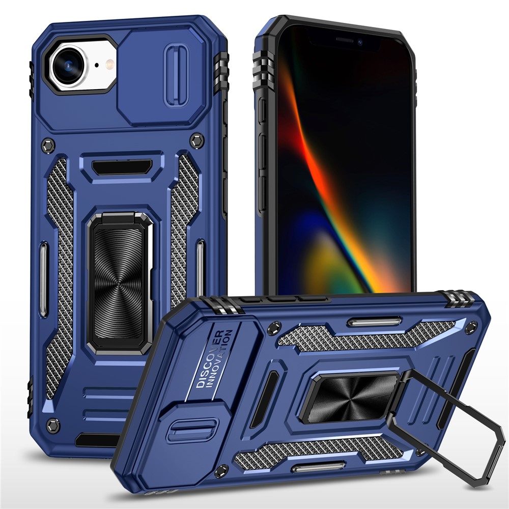 For iPhone 16e Case Kickstand Slide Lens Lid PC + TPU Drop - Navy Blue