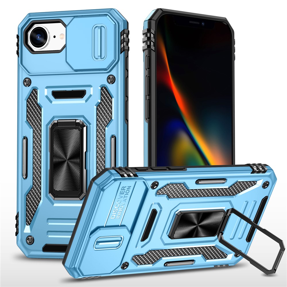 For iPhone 16e Case Kickstand Slide Lens Lid PC + TPU Drop - Baby Blue