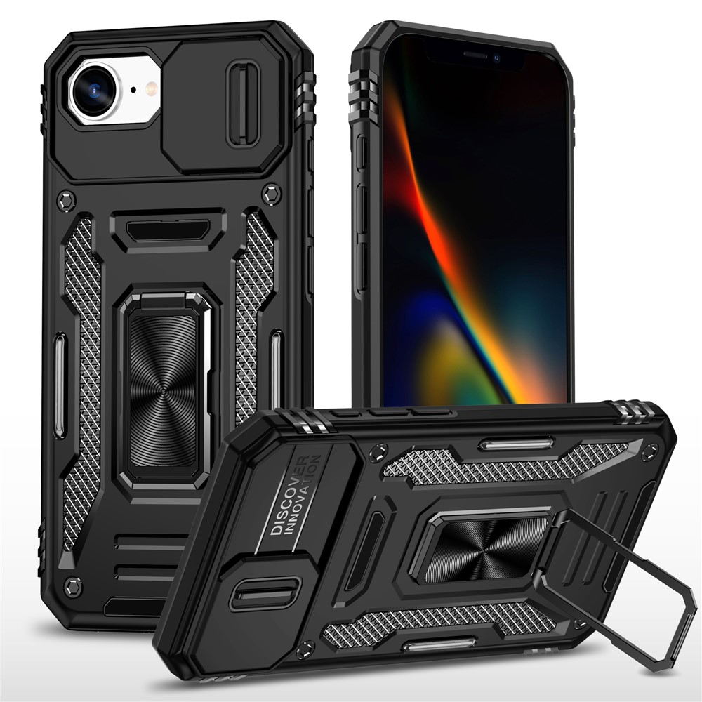 For iPhone 16e Case Kickstand Slide Lens Lid PC + TPU Drop - Black