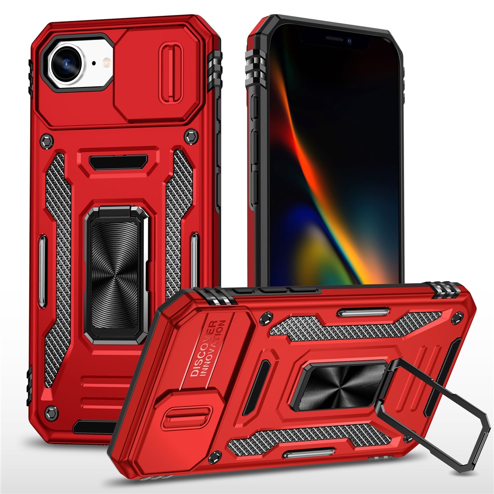 For iPhone 16e Case Kickstand Slide Lens Lid PC + TPU Drop - Red