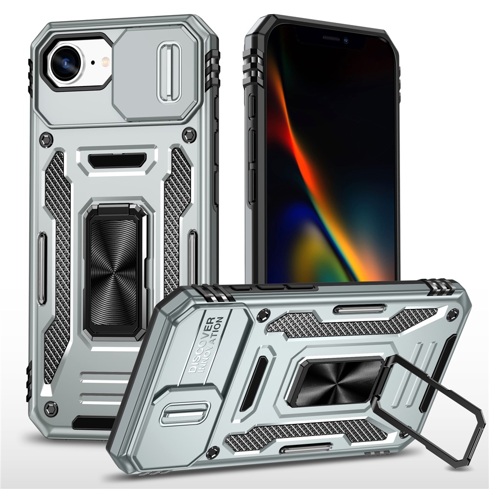 For iPhone 16e Case Kickstand Slide Lens Lid PC + TPU Drop - Grey