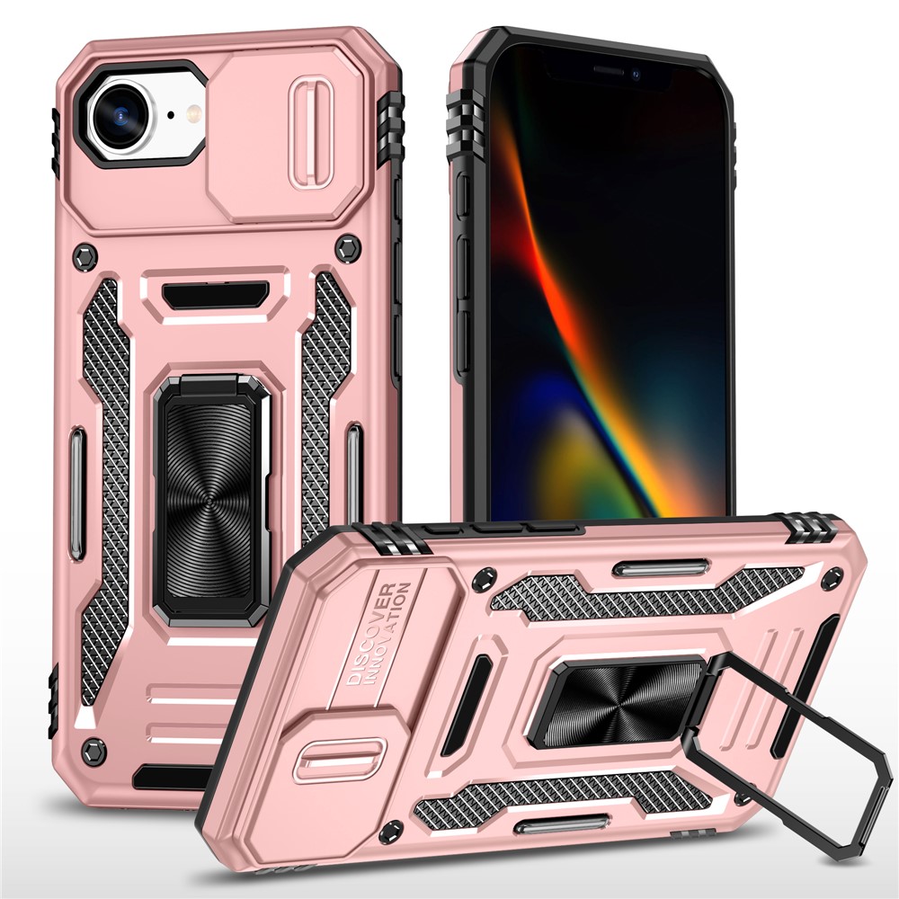 For iPhone 16e Case Kickstand Slide Lens Lid PC + TPU Drop - Rose Gold
