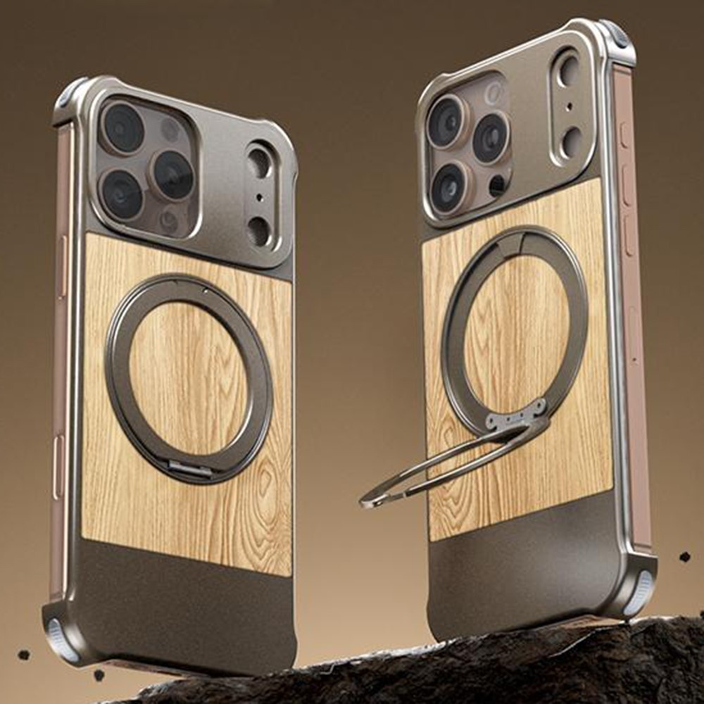 For iPhone 16 Pro Max Magnetic Case Borderless Walnut + Metal Kickstand Phone Cover - Light Wood Grain