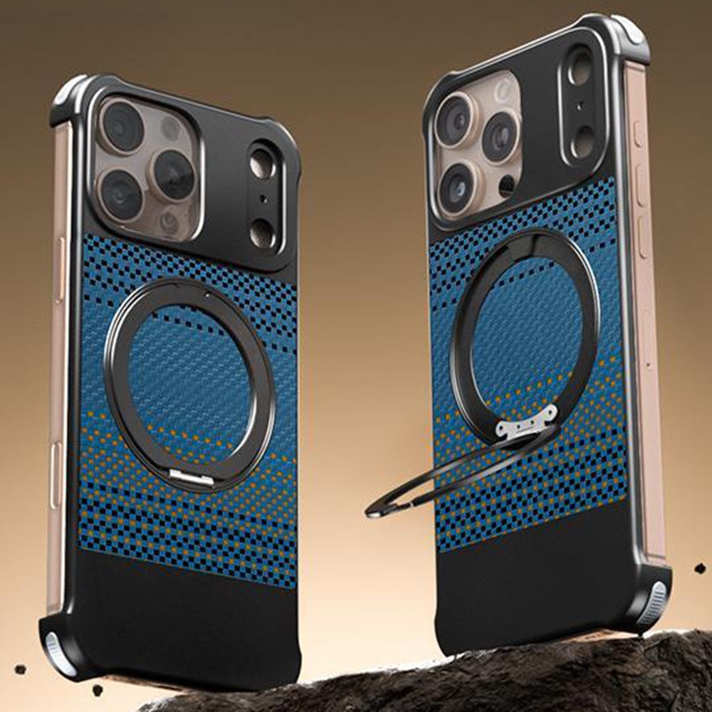 For iPhone 16 Pro Max Magnetic Case Borderless Carbon Fiber Texture PU Metal Phone Cover with Kickstand - Moonrise