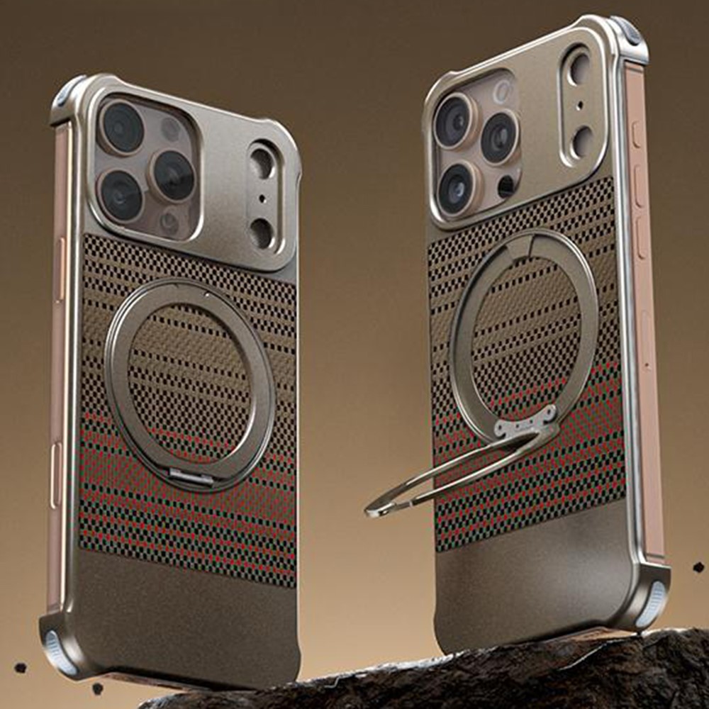 For iPhone 16 Pro Max Magnetic Case Borderless Carbon Fiber Texture PU Metal Phone Cover with Kickstand - Sunset