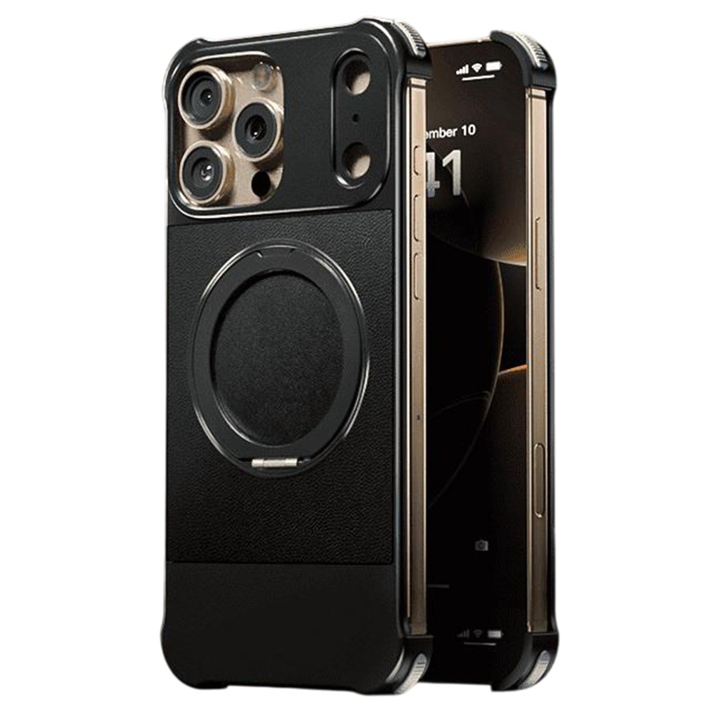 For iPhone 16 Pro Max Magnetic Case with Kickstand Borderless PU + Metal Drop Proof Phone Back Cover - Black