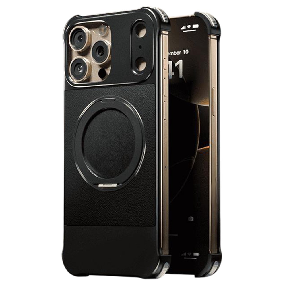 For iPhone 14 Pro Max Magnetic Case with Kickstand Borderless PU + Metal Drop Proof Phone Back Cover - Black