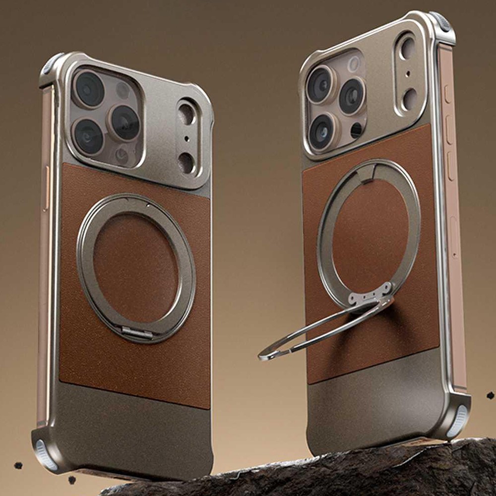 For iPhone 14 Pro Max Magnetic Case with Kickstand Borderless PU + Metal Drop Proof Phone Back Cover - Brown