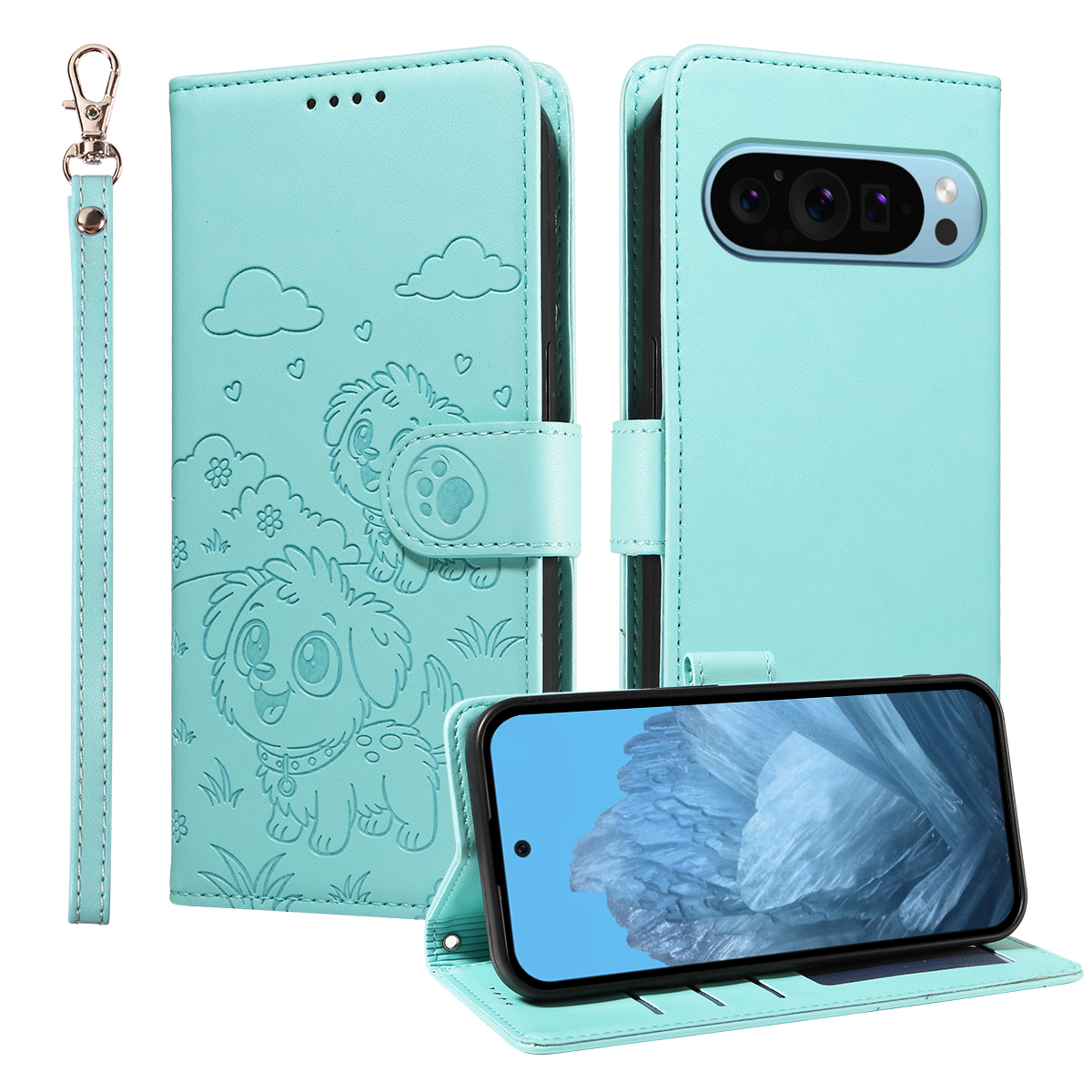 For Google Pixel 10 Pro XL / Google Pixel 9 Pro XL Case RFID Blocking Imprinted Dog Pattern PU Leather Phone Cover with Wrist Strap - Green