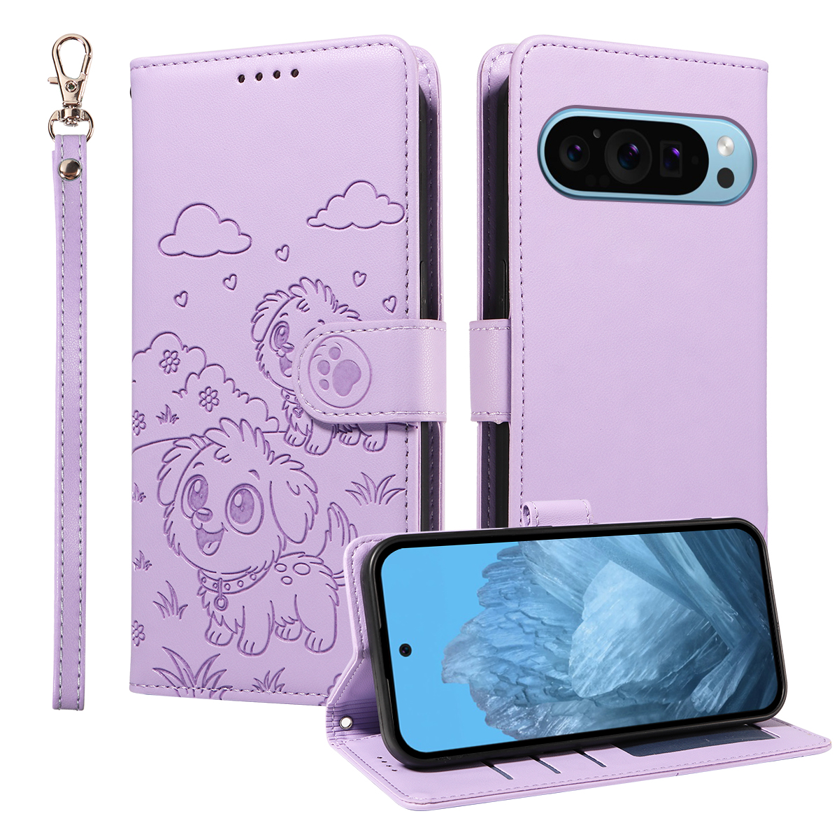 For Google Pixel 10 Pro XL / Google Pixel 9 Pro XL Case RFID Blocking Imprinted Dog Pattern PU Leather Phone Cover with Wrist Strap - Purple