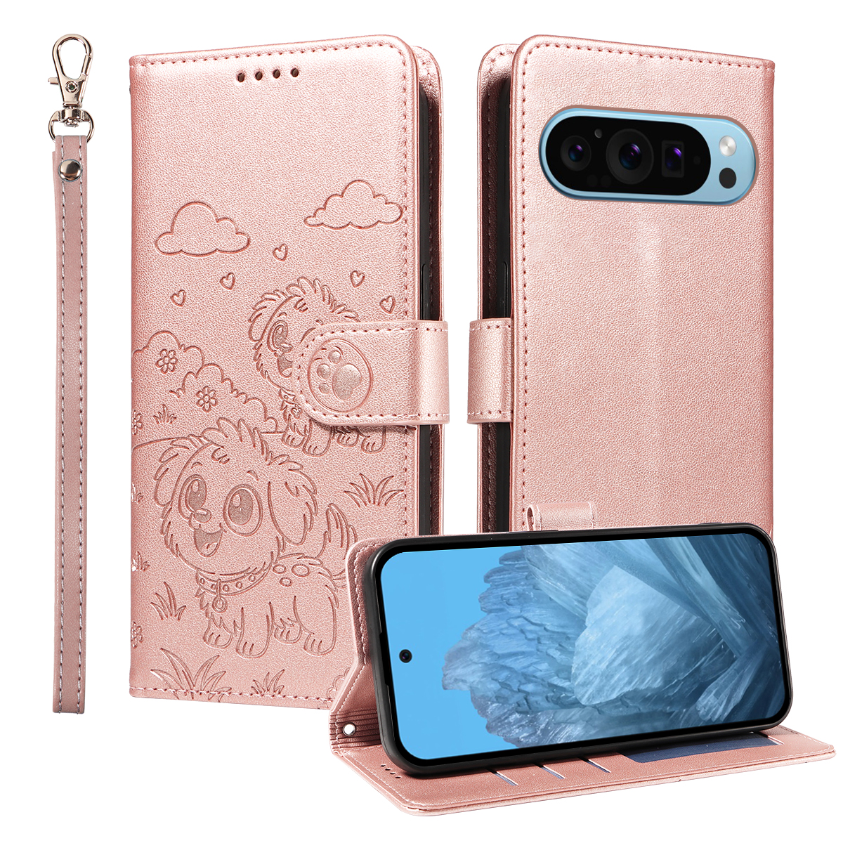 For Google Pixel 10 Pro XL / Google Pixel 9 Pro XL Case RFID Blocking Imprinted Dog Pattern PU Leather Phone Cover with Wrist Strap - Pink
