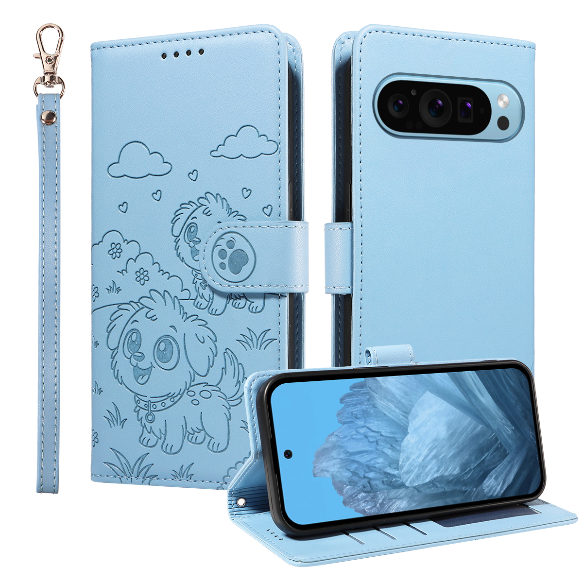 For Google Pixel 10 Pro XL / Google Pixel 9 Pro XL Case RFID Blocking Imprinted Dog Pattern PU Leather Phone Cover with Wrist Strap - Blue