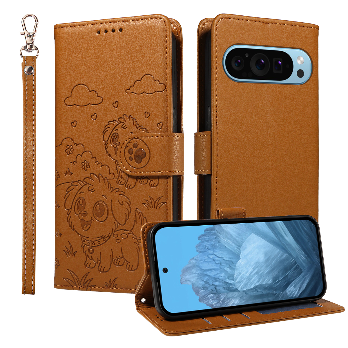 For Google Pixel 10 Pro XL / Google Pixel 9 Pro XL Case RFID Blocking Imprinted Dog Pattern PU Leather Phone Cover with Wrist Strap - Brown