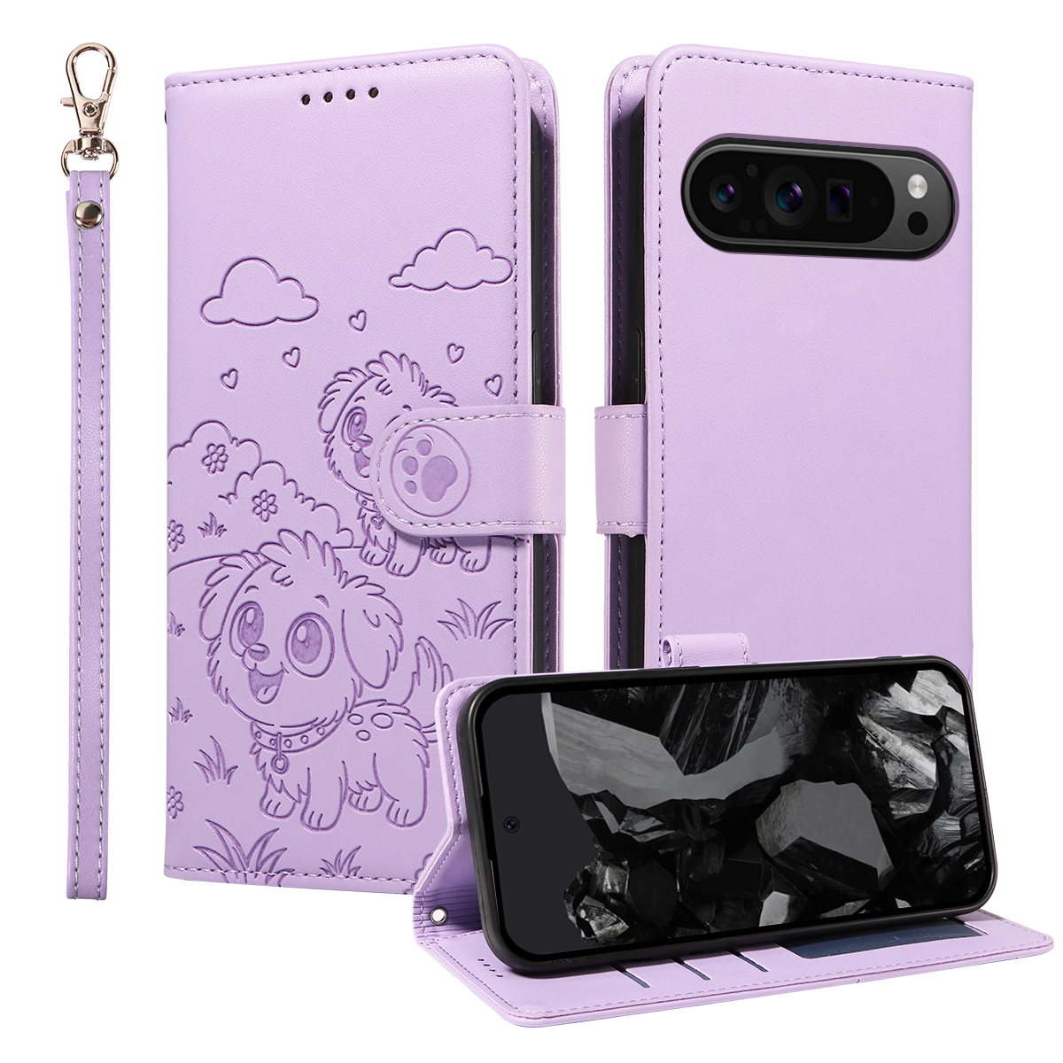 For Google Pixel 9 Pro / Google Pixel 10 / Google Pixel 10 Pro / Google Pixel 9 Case RFID Blocking Imprinted Dog Pattern PU Leather Phone Cover with Wrist Strap - Purple