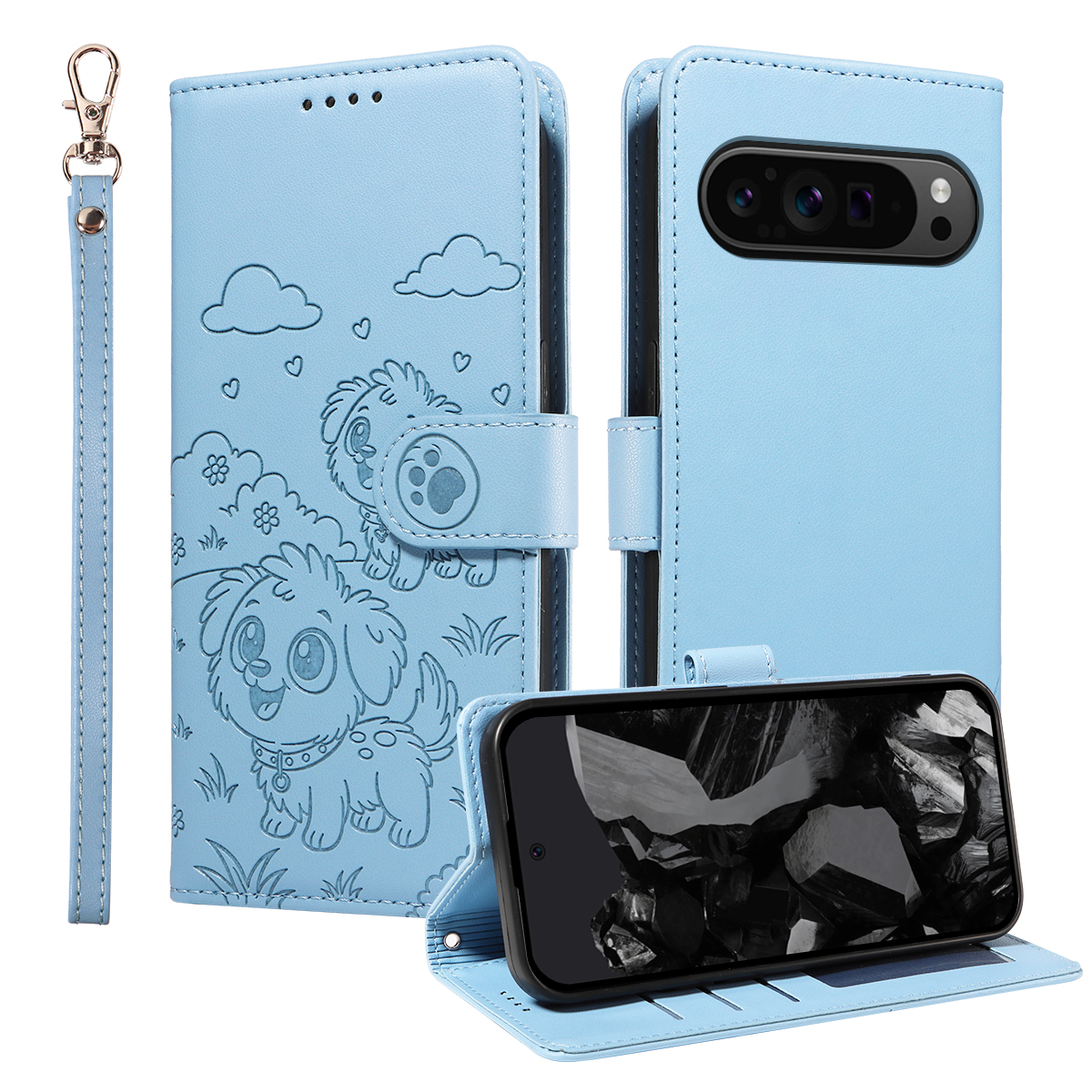 For Google Pixel 9 Pro / Google Pixel 10 / Google Pixel 10 Pro / Google Pixel 9 Case RFID Blocking Imprinted Dog Pattern PU Leather Phone Cover with Wrist Strap - Blue