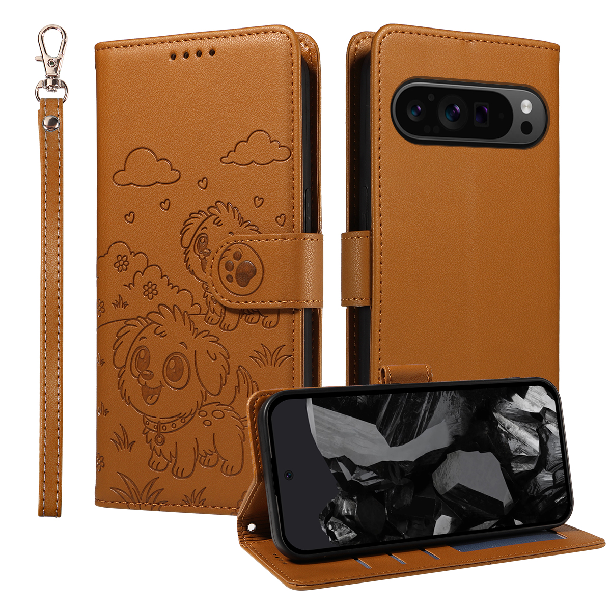 For Google Pixel 9 Pro / Google Pixel 10 / Google Pixel 10 Pro / Google Pixel 9 Case RFID Blocking Imprinted Dog Pattern PU Leather Phone Cover with Wrist Strap - Brown