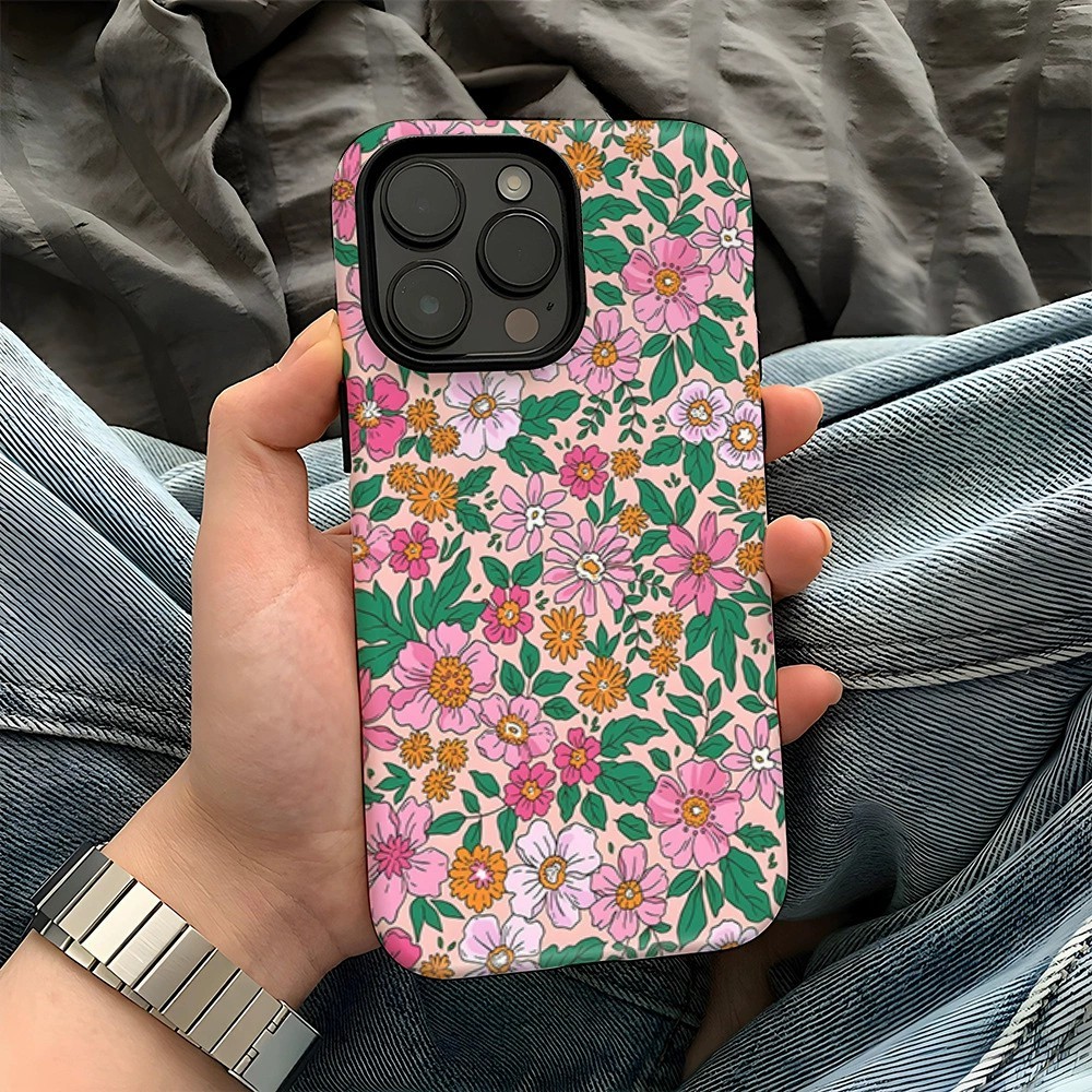 For iPhone 16 Pro Max Case Double Layer TPU + PC Heat Transfer Floral Design Glossy Phone Cover - Colorful Flower