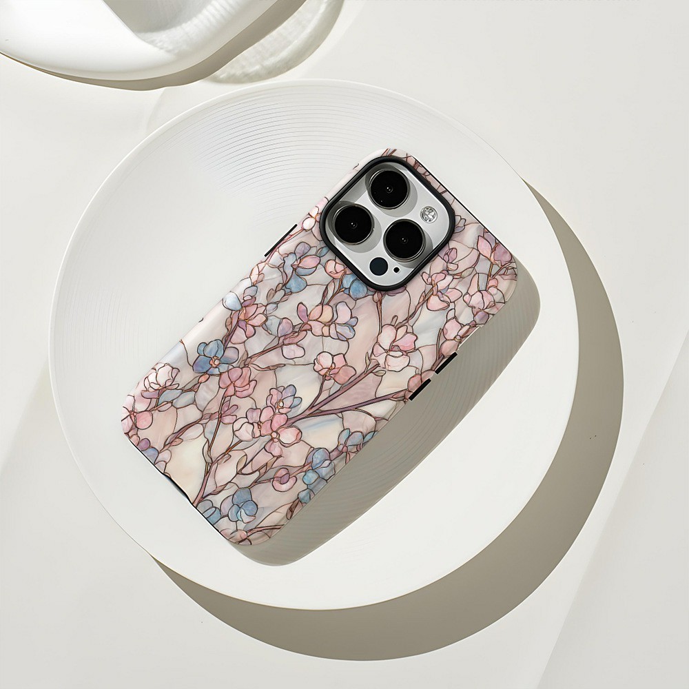 For iPhone 16 Pro Max Case Double Layer TPU + PC Heat Transfer Floral Design Glossy Phone Cover - Marble Flower