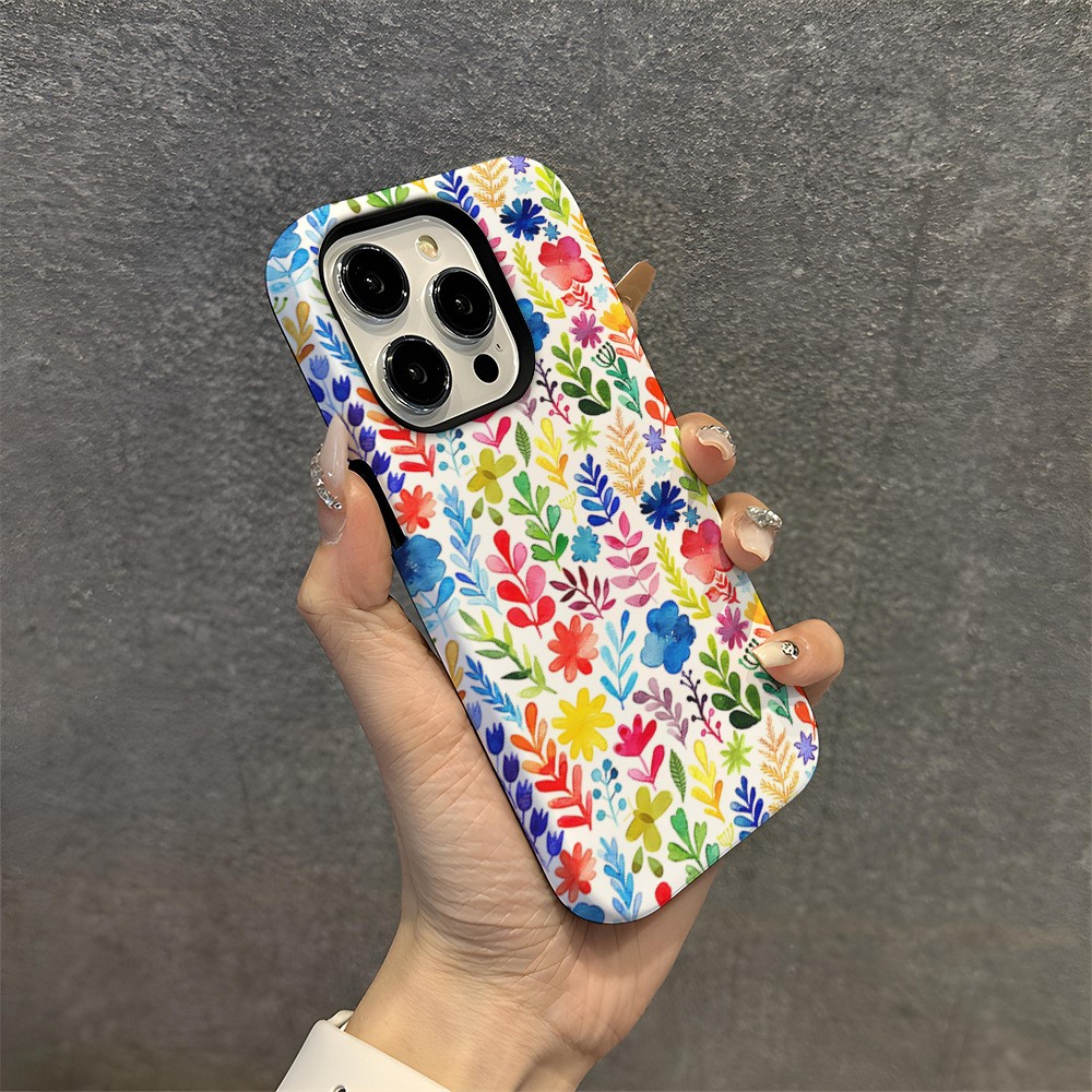 For iPhone 16 Pro Max Case Double Layer TPU + PC Heat Transfer Floral Design Glossy Phone Cover - Dopamine Leaves