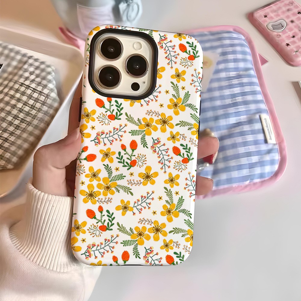 For iPhone 16 Pro Max Case Double Layer TPU + PC Heat Transfer Floral Design Glossy Phone Cover - Yellow Flower