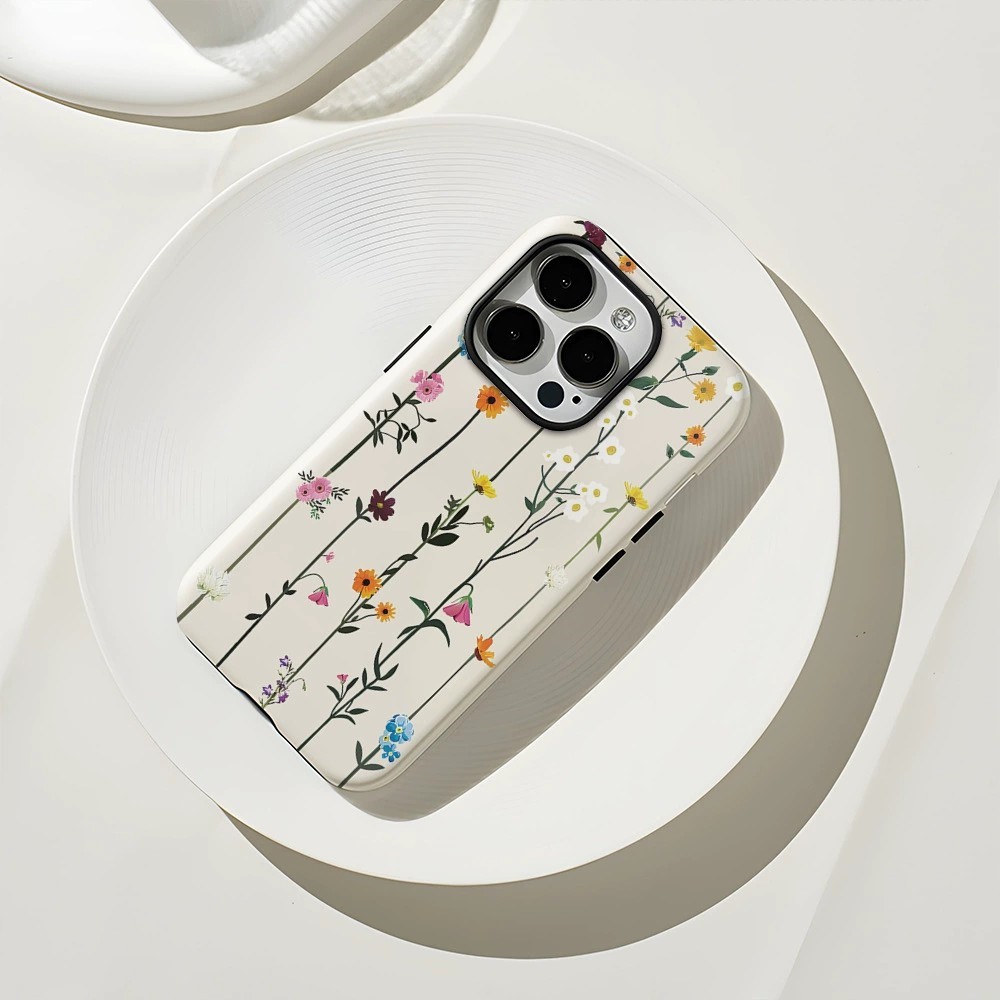 For iPhone 16 Pro Max Case Double Layer TPU + PC Heat Transfer Floral Design Glossy Phone Cover - Simple Flower Vine