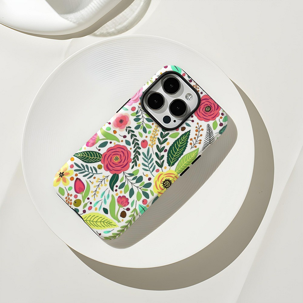 For iPhone 16 Pro Max Case Double Layer TPU + PC Heat Transfer Floral Design Glossy Phone Cover - Green Leaves and Flowers