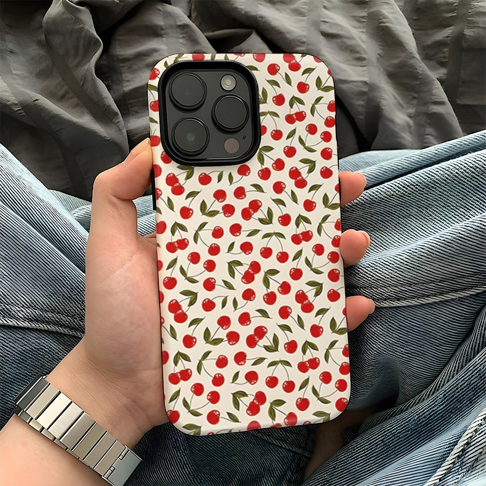 For iPhone 16 Pro Max Case Double Layer TPU + PC Heat Transfer Floral Design Glossy Phone Cover - Cherries