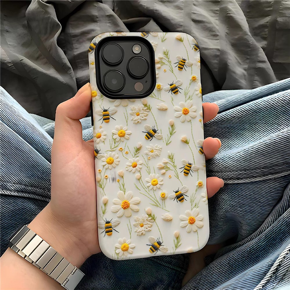 For iPhone 16 Pro Max Case Double Layer TPU + PC Heat Transfer Floral Design Glossy Phone Cover - Bee and Flower