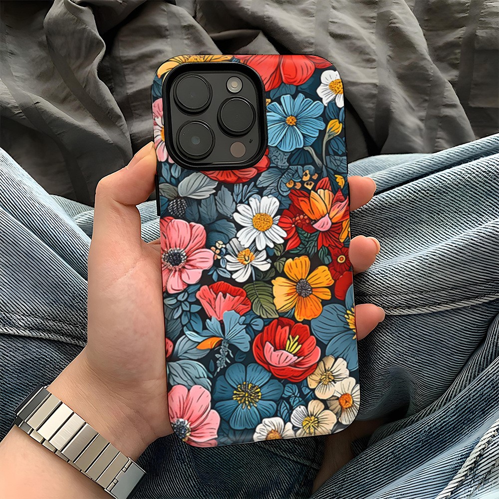 For iPhone 16 Pro Max Case Double Layer TPU + PC Heat Transfer Floral Design Glossy Phone Cover - Multi-Color Flower