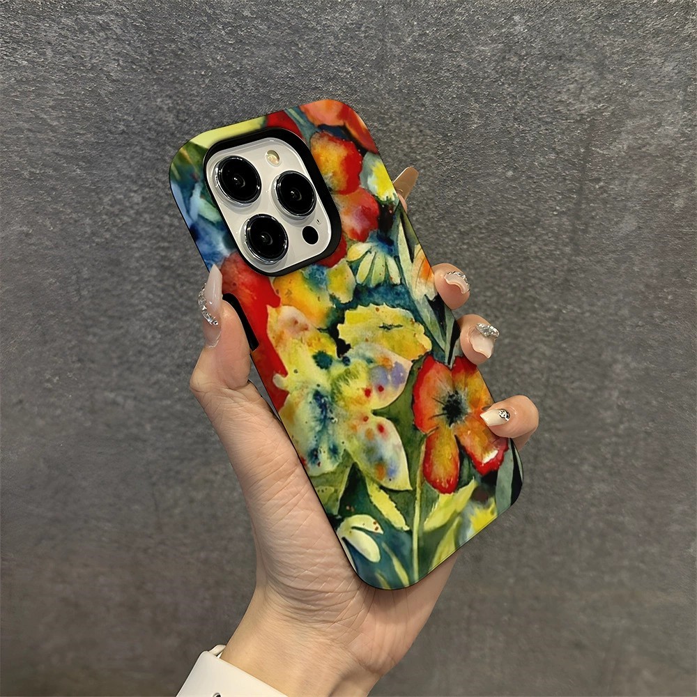 For iPhone 16 Pro Max Case Double Layer TPU + PC Heat Transfer Floral Design Glossy Phone Cover - Oil Painting Flower