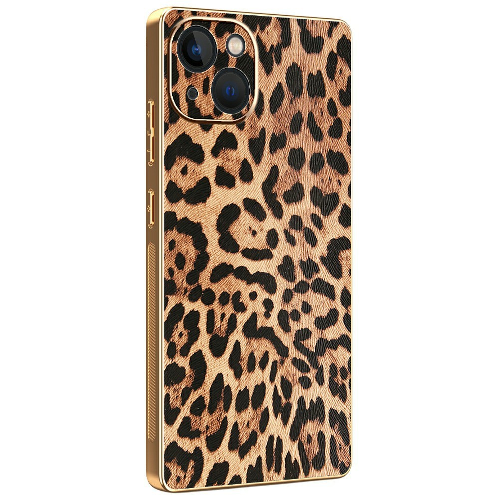 For iPhone 13 Case Leopard Print PU Leather Coated PC + TPU Electroplating Phone Cover