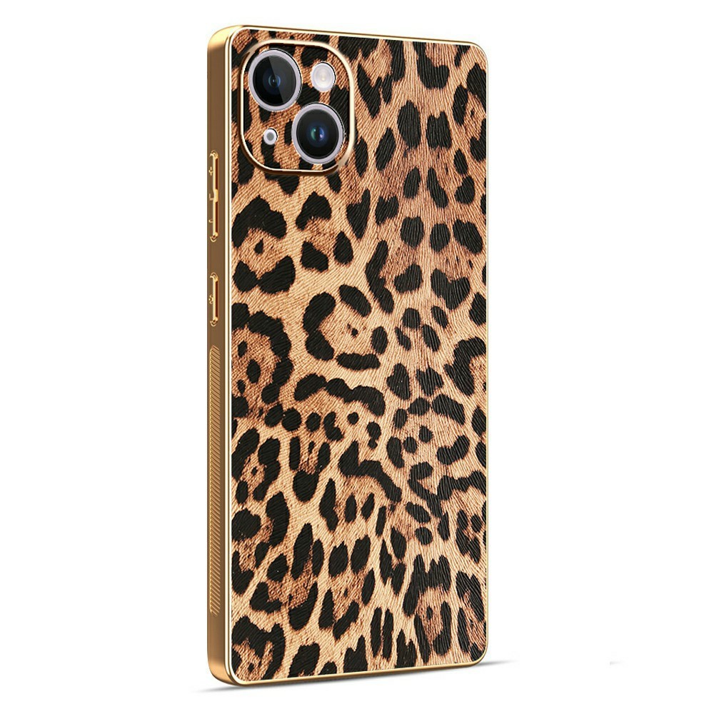 For iPhone 14 Plus Case Leopard Print PU Leather Coated PC + TPU Electroplating Phone Cover
