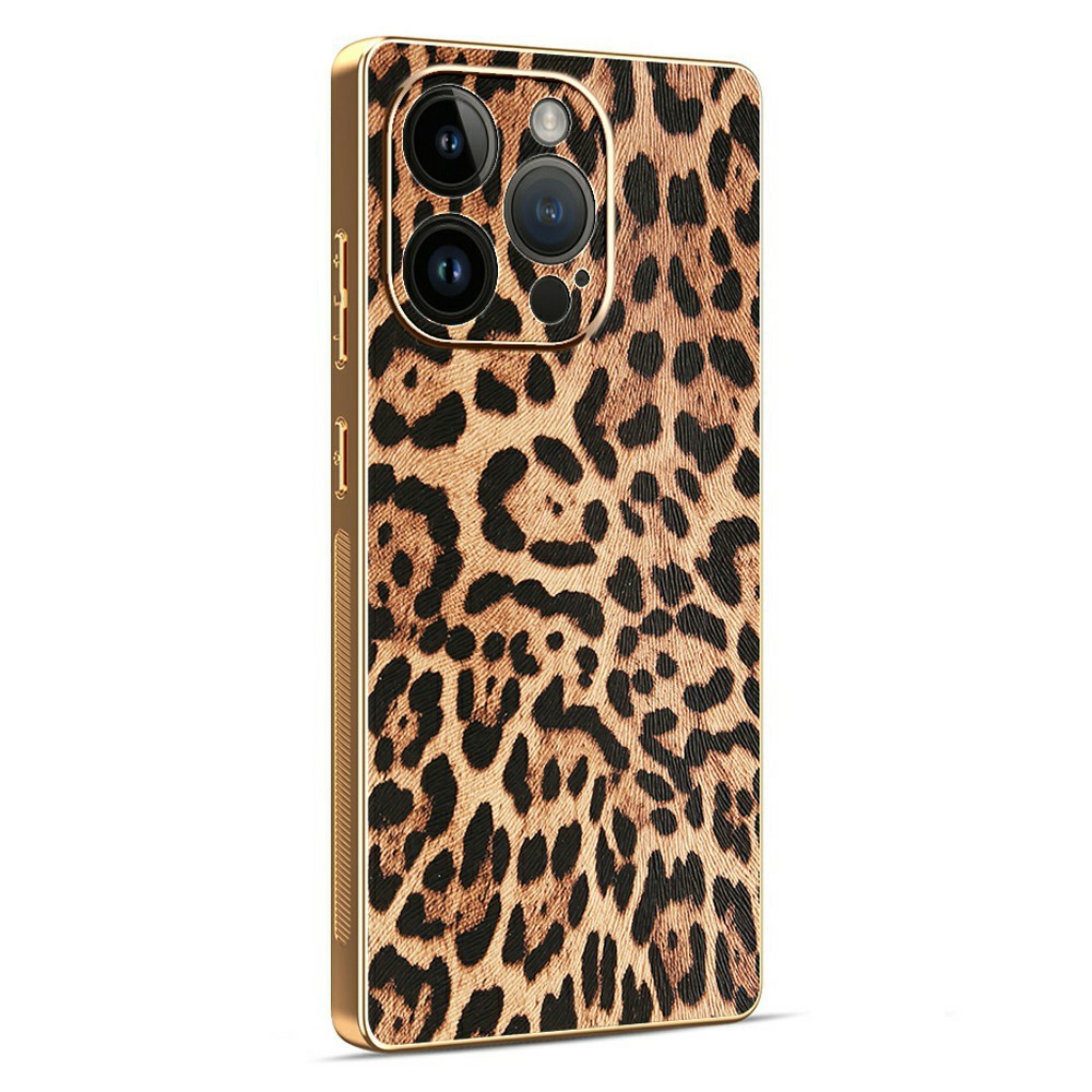 For iPhone 14 Pro Case Leopard Print PU Leather Coated PC + TPU Electroplating Phone Cover