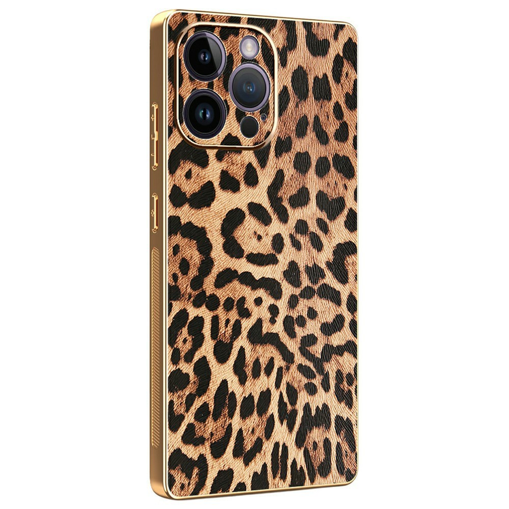 For iPhone 14 Pro Max Case Leopard Print PU Leather Coated PC + TPU Electroplating Phone Cover