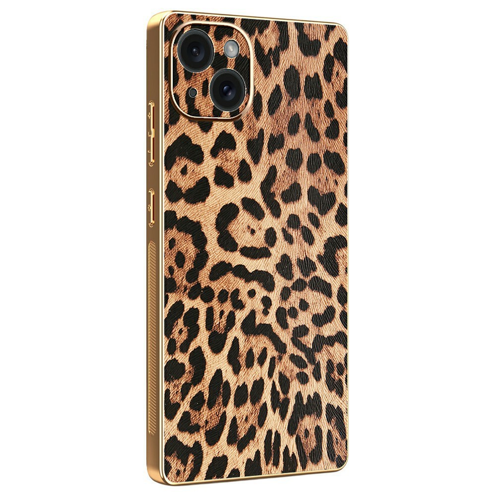 For iPhone 15 Plus Case Leopard Print PU Leather Coated PC + TPU Electroplating Phone Cover