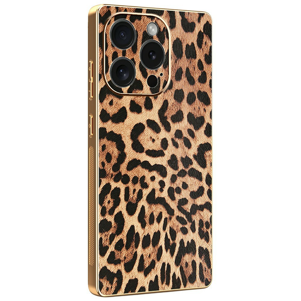 For iPhone 15 Pro Case Leopard Print PU Leather Coated PC + TPU Electroplating Phone Cover