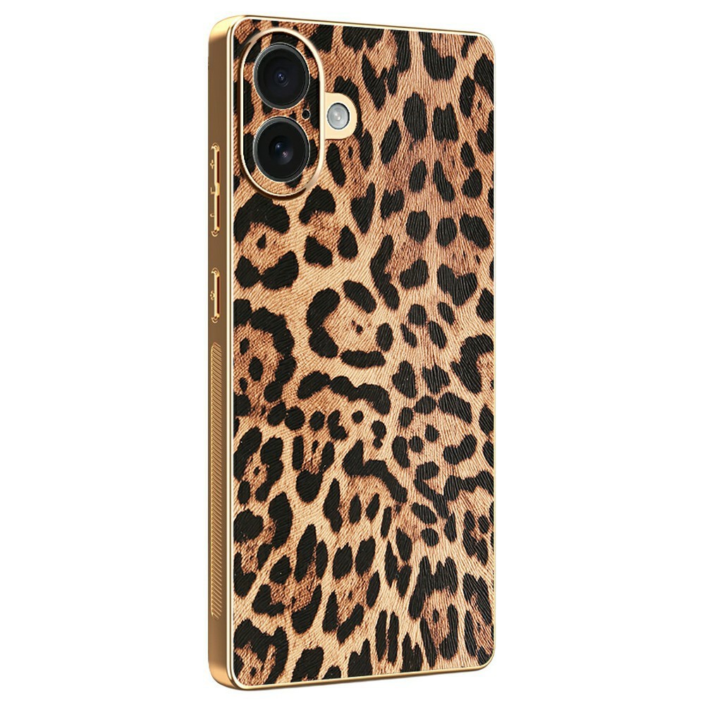 For iPhone 16 Plus Case Leopard Print PU Leather Coated PC + TPU Electroplating Phone Cover