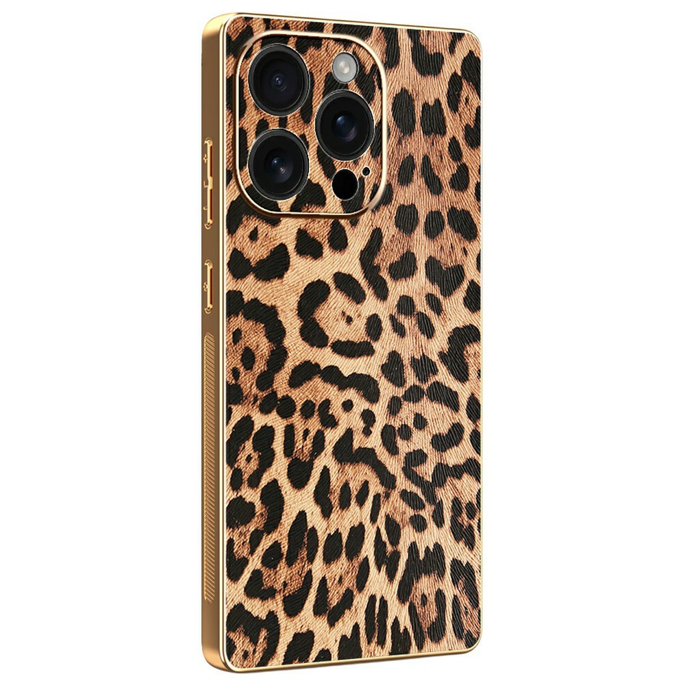For iPhone 16 Pro Case Leopard Print PU Leather Coated PC + TPU Electroplating Phone Cover