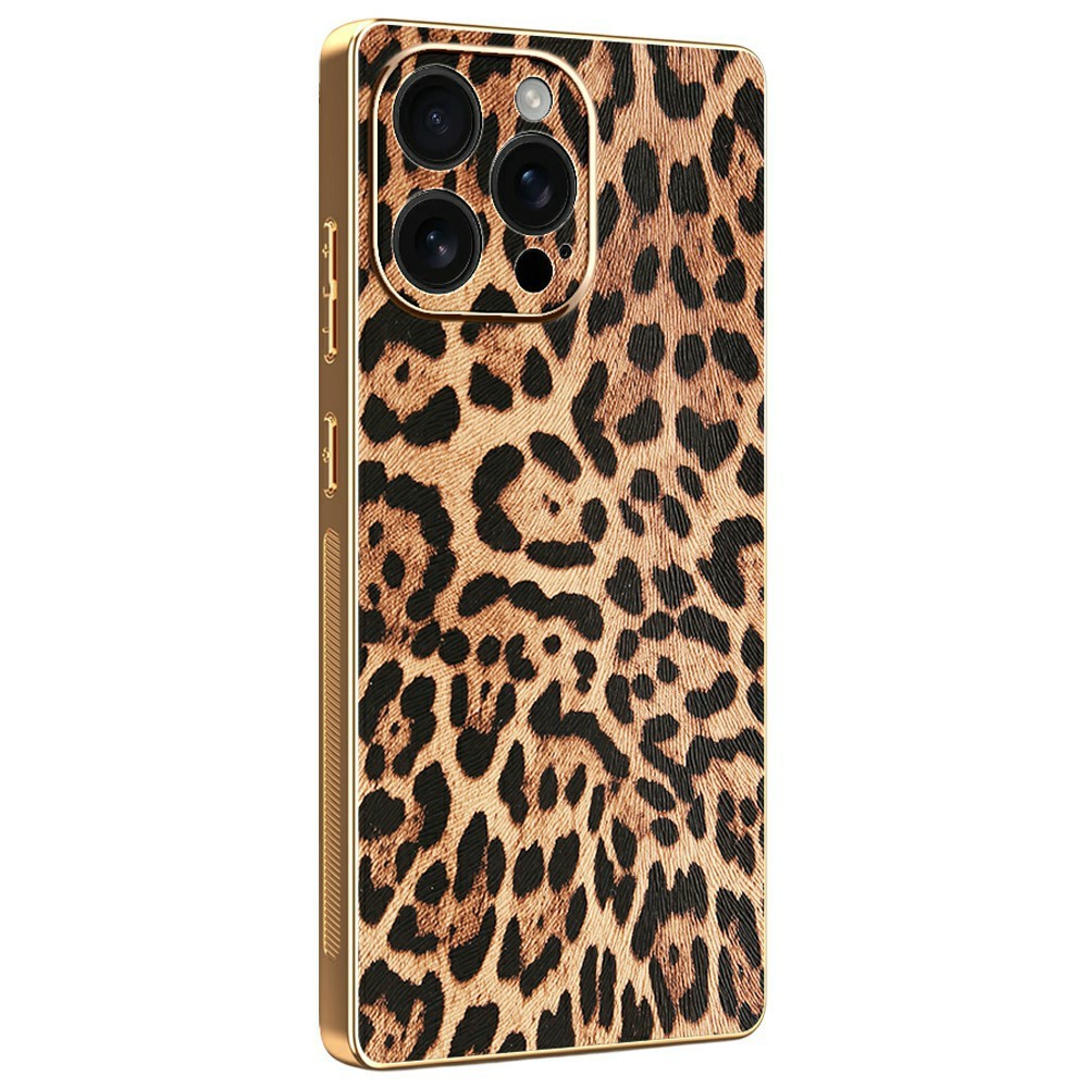 For iPhone 16 Pro Max Case Leopard Print PU Leather Coated PC + TPU Electroplating Phone Cover