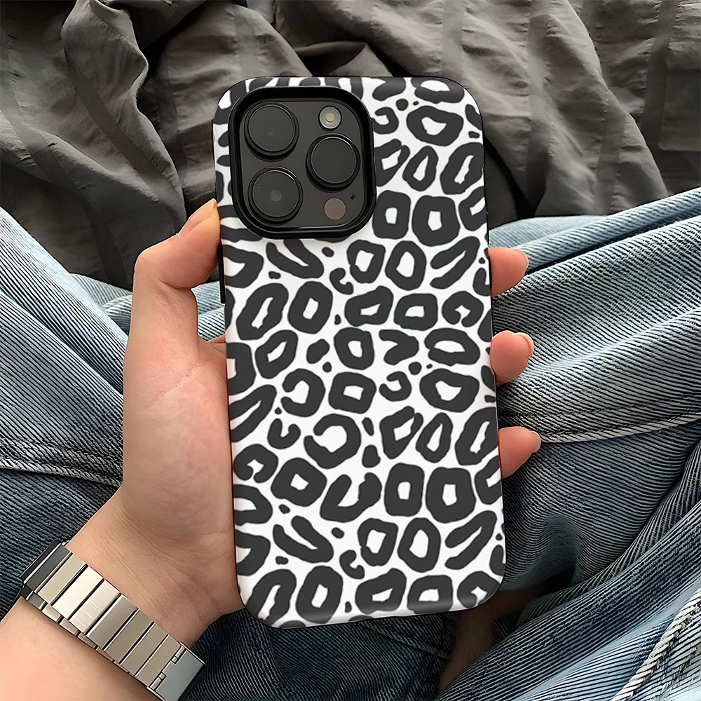 For iPhone 16 Pro Max Case Pattern Design TPU PC Heat Transfer Glossy Phone Cover - Black Fine Leopard