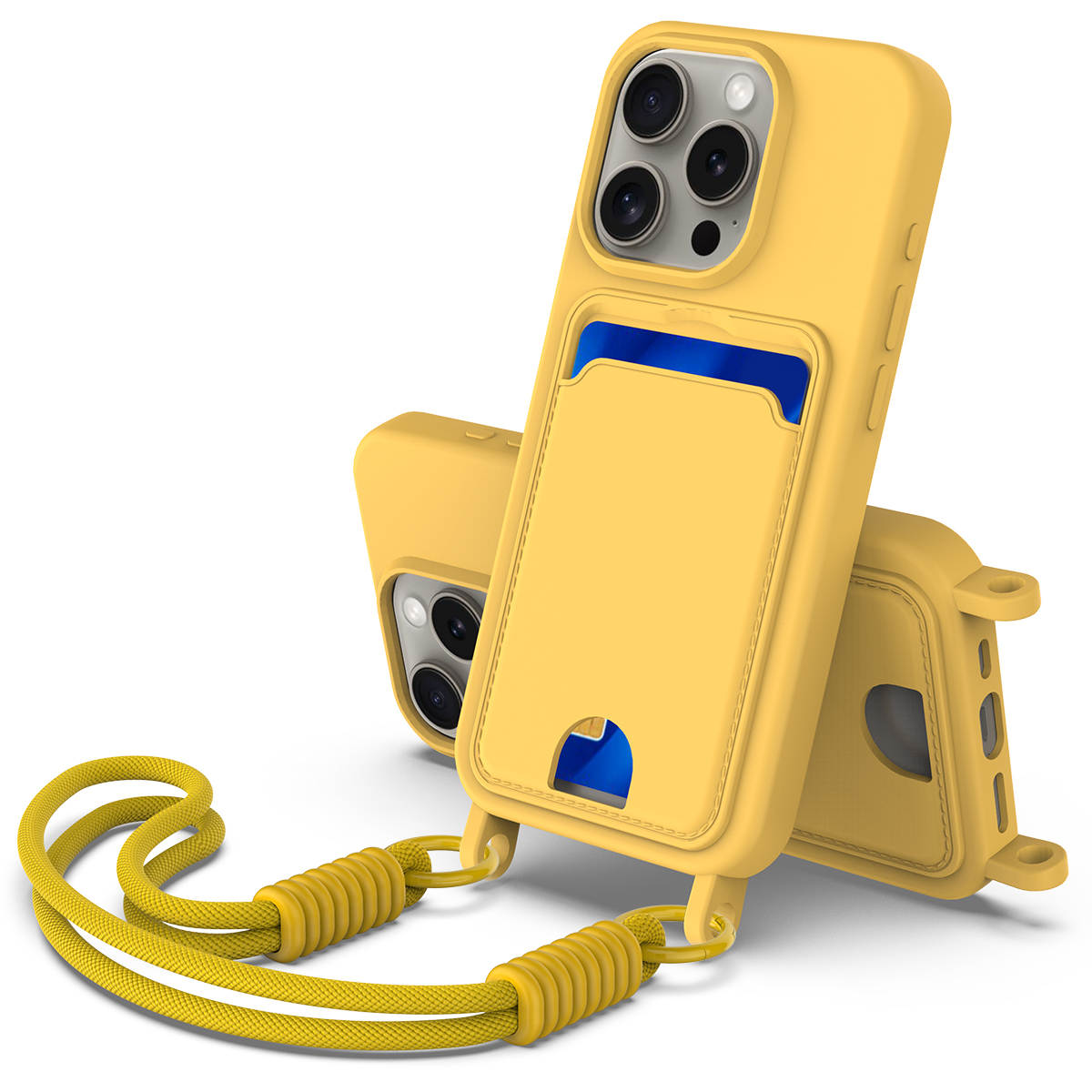 For iPhone 15 Pro Max Liquid Silicone Case  Phone Back Cover with Card Holder and Short Strap - Yellow