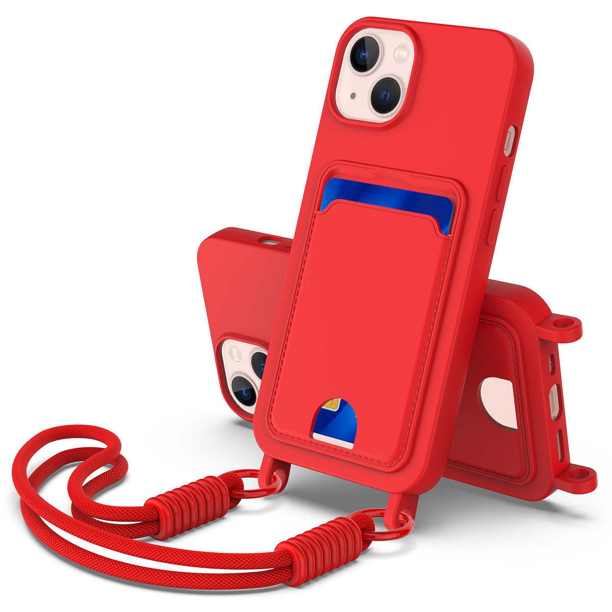 For iPhone 14 Plus / iPhone 15 Plus Liquid Silicone Case Phone Back Cover with Card Holder and Short Strap - Red
