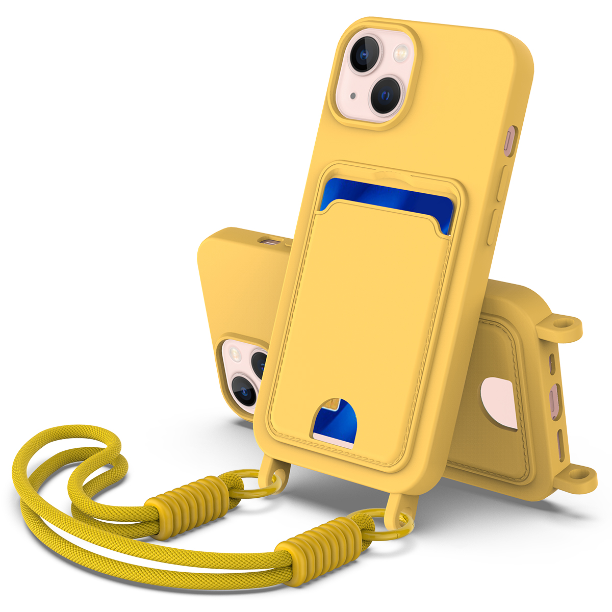 For iPhone 15 Liquid Silicone Case Phone Back Cover with Card Holder and Short Strap - Yellow