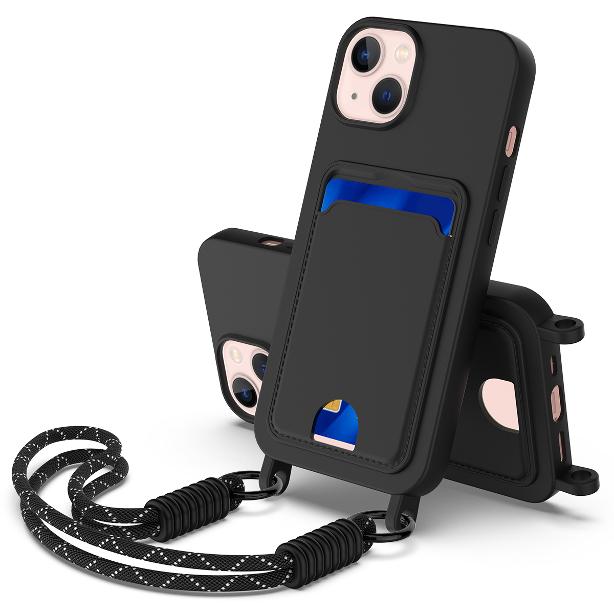 For iPhone 13 6.1 inch / iPhone 14 Liquid Silicone Case  Phone Back Cover with Card Holder and Short Strap - Black
