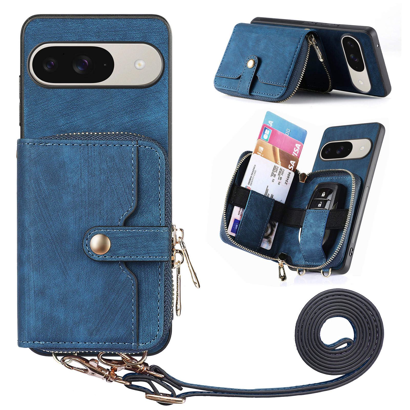 For Google Pixel 10 Pro / 10 / 9 Pro / 9 PU Leather Phone Back Cover with Zipper Card Holder and Long Strap - Blue