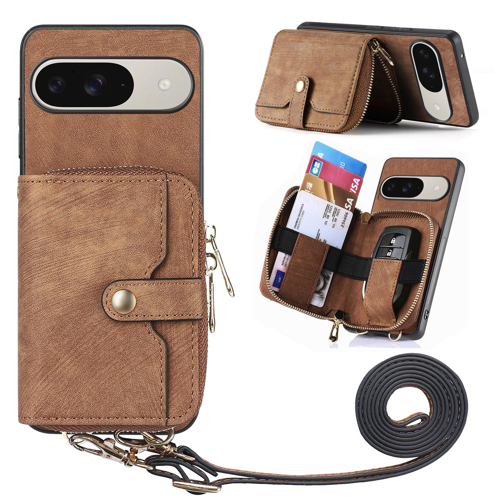 For Google Pixel 10 Pro / 10 / 9 Pro / 9 PU Leather Phone Back Cover with Zipper Card Holder and Long Strap - Brown