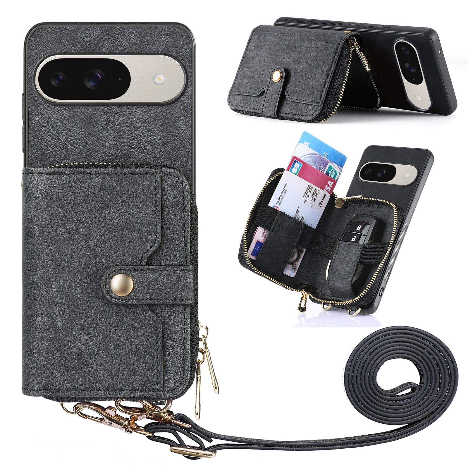 For Google Pixel 10 Pro / 10 / 9 Pro / 9 PU Leather Phone Back Cover with Zipper Card Holder and Long Strap - Black