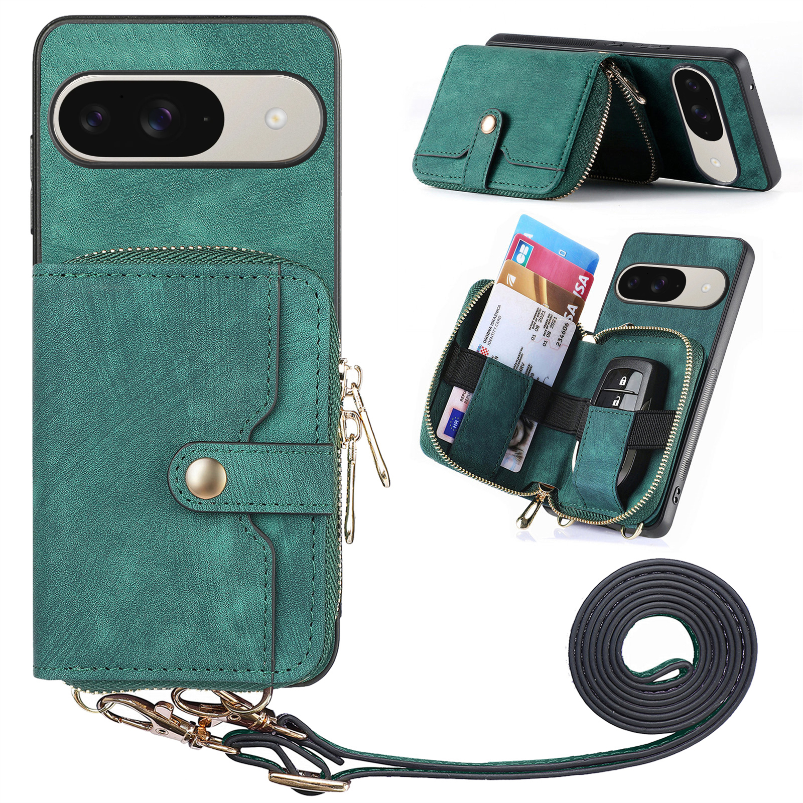 For Google Pixel 10 Pro / 10 / 9 Pro / 9 PU Leather Phone Back Cover with Zipper Card Holder and Long Strap - Green