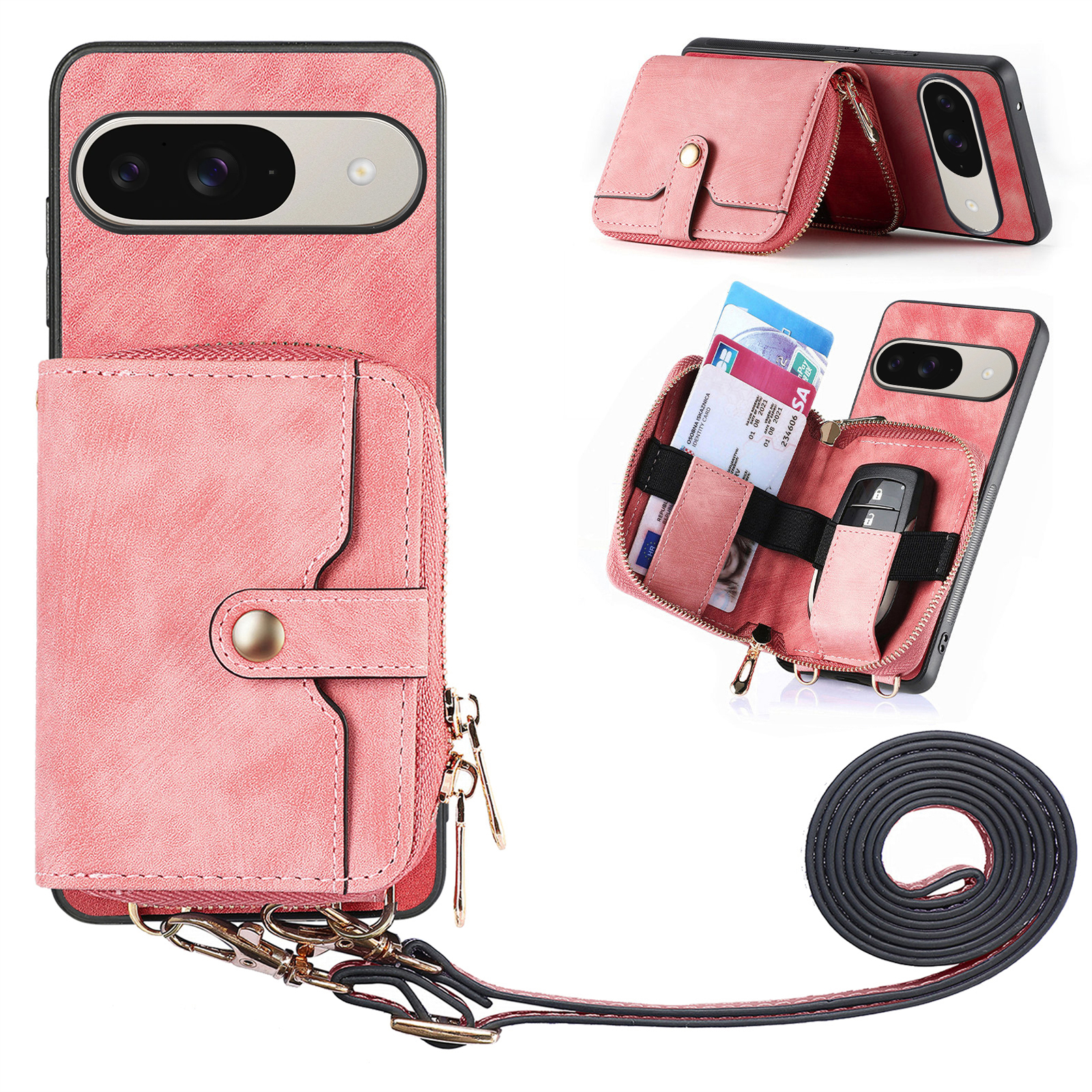 For Google Pixel 10 Pro / 10 / 9 Pro / 9 PU Leather Phone Back Cover with Zipper Card Holder and Long Strap - Pink