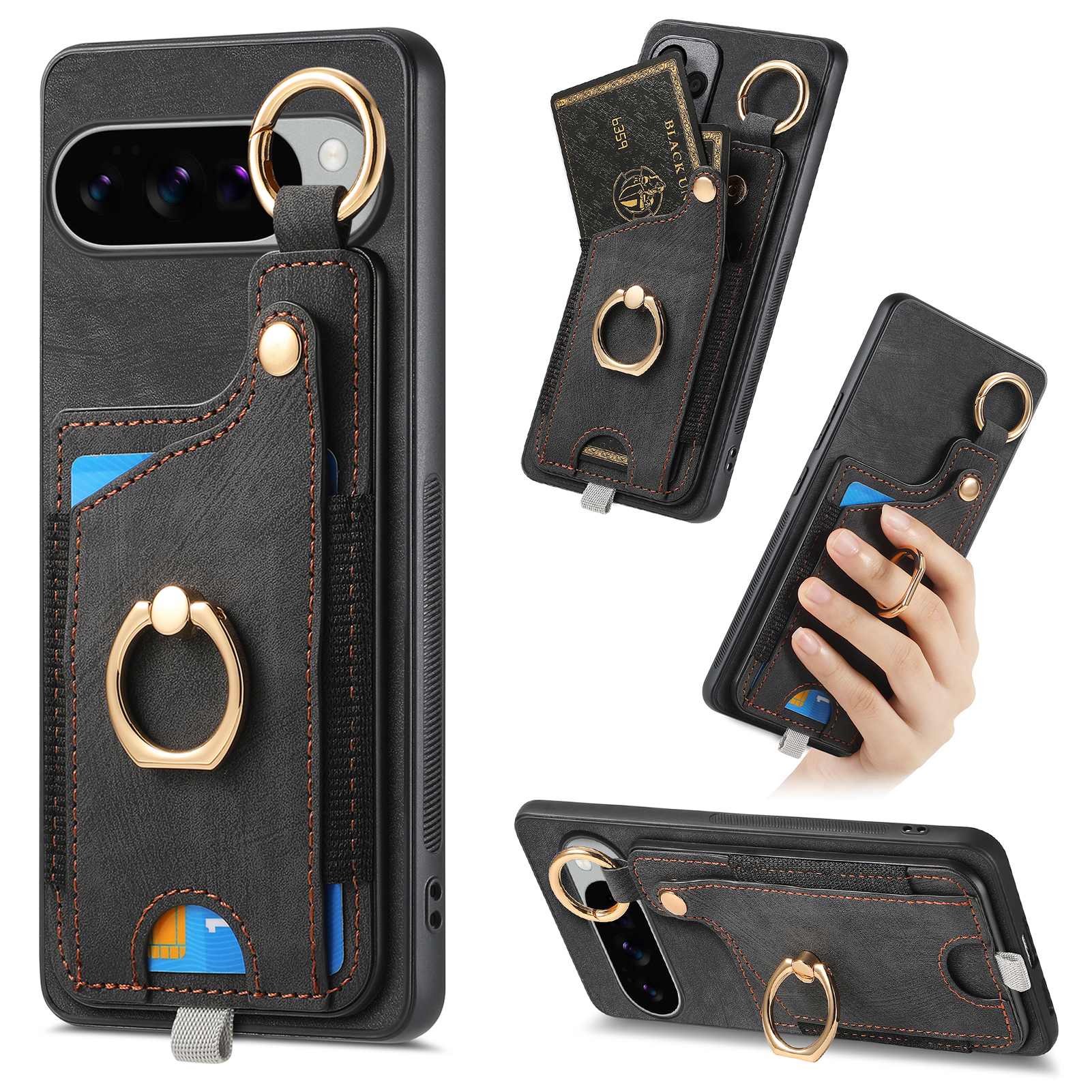 For Google Pixel 10 Pro XL Retro Leather Phone Back Cover with Card Slots and Ring Holder - Black